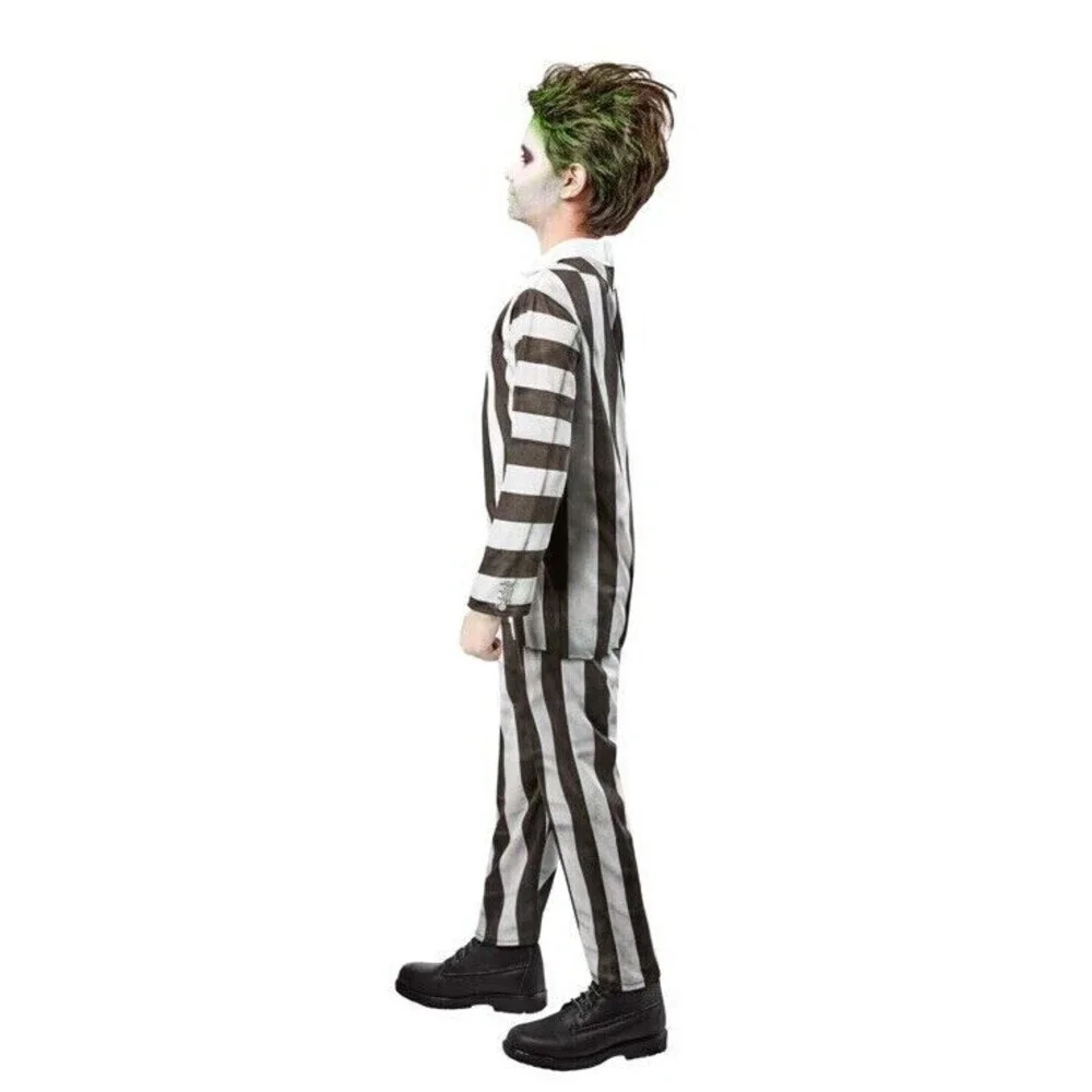 New Kids Beetlejuice Costume Jumpsuit Child Small-Med 6/7 With Green Hair Spra